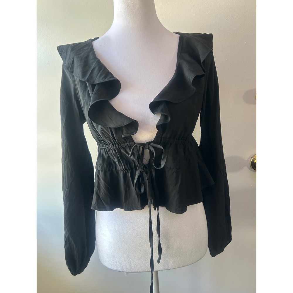 Lalavon Black‎ Ruffle Tie Front Blouse Long Sleeve Smocked Waist S Coquette Goth